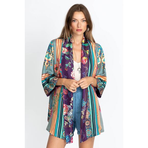 New Johnny Was Weller Topiary Hunter Kimono Purple Floral Reversible Tie Sz S - Picture 2 of 12